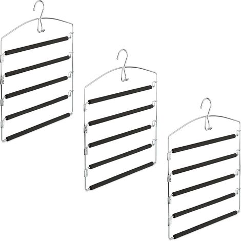 6 perchas múltiples de metal, Pantalones y faldas, Antideslizante, HxLxP: 44, 5 x 37 x 2,7 cm, plata/negro