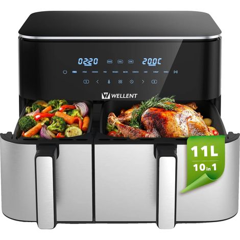 Freidora de aire caliente, doble cuba de 4L+7L, potencia de 2600W, voltaje de 220-240V, temperatura de funcionamiento de 80°C a 200°C, control táctil. (1/5)