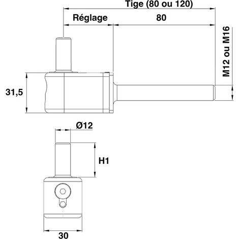 PORTAC Gond multiréglage fileté Finition: Noir Ral 9005 - Réglage (mm): Réglage (mm) : 40 à 62 - Tige (mm): Tige (mm) : 12x80