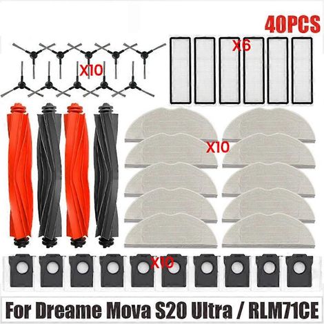 Kit de 40 accessoires de rechange pour aspirateur Dreame Mova S20 Ultra / RLM71CE : brosses, lingettes de nettoyage, filtres et sacs à poussière.