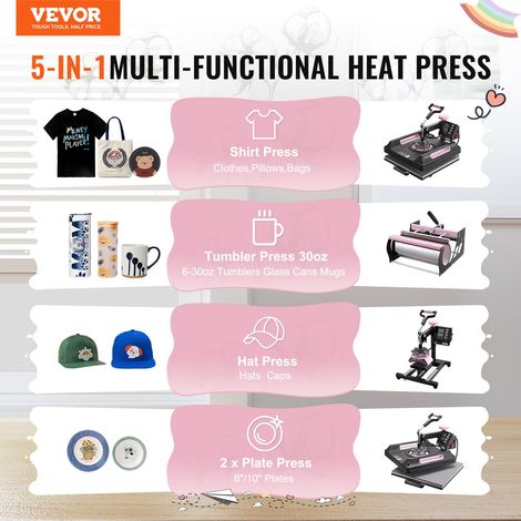 Presse à Chaud 8-en-1, Plaque Chauffante 38x38 cm, Machine de Sublimation Textile avec Presse à Tasses 89 cL, Pivotant à 360°, Pres… (1/5)