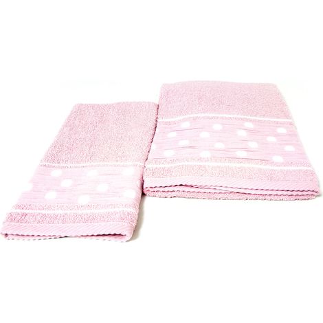 Set Asciugamano Copiola Salvietta Bagno In Spugna 100% Cotone Mod Pois Rosa (1/4)