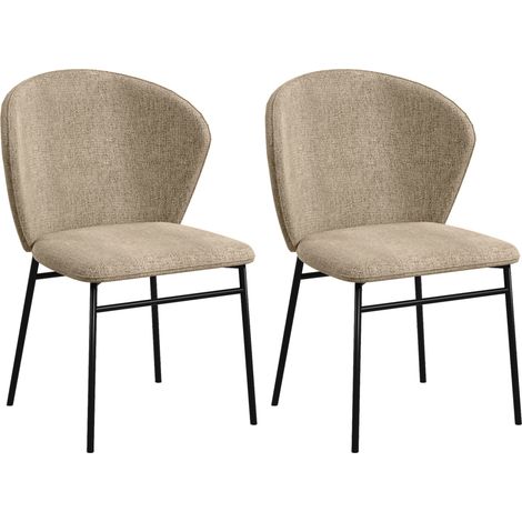 Set 2 Sedie Sala da Pranzo in Acciaio e Tessuto Effetto Lino, Seduta Imbottita, Schienale Curvo, Marrone Chiaro