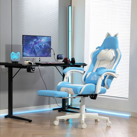 Silla gaming ergonómica con orejas de gato, silla de oficina gaming reclinable de piel sintética con reposapiés, reposacabezas y altura ajustable, soporte lumbar y cervical, color azul.