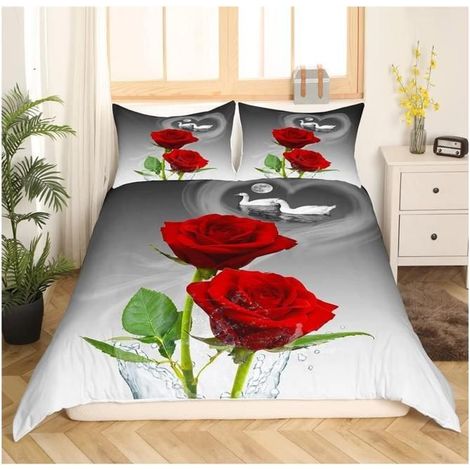Roses Rouges Housse de Couette 200x200cm cygnes Couples Sets de Housse de Couette Romantique Roses Fleurs Parure Lit Réversible- (1/4)