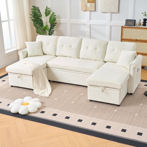Canapé d'angle U convertible avec coffre, chenille beige, 266 cm, REDOM, pour salon (1/5)