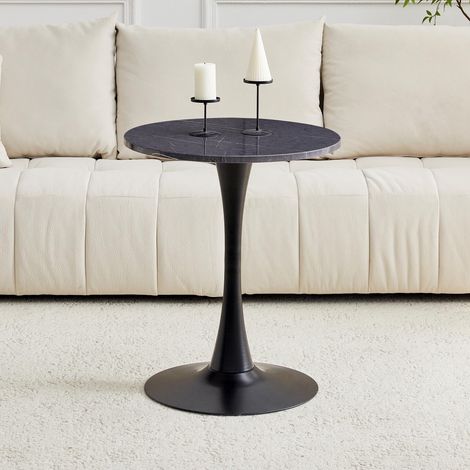 Table d'appoint ronde 60 cm, MDF thermoformé, aspect marbre noir, pieds noirs. Idéale pour intérieurs européens. (1/5)