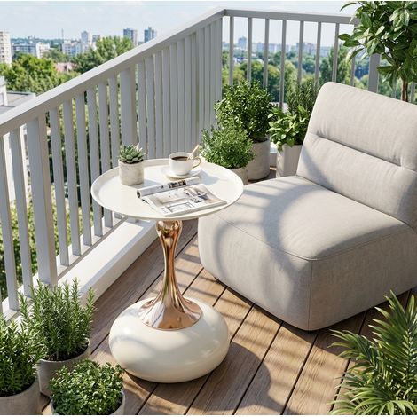Runder Beistelltisch aus Metall fuer kleine Raeume Weiss Gold OKMYHOME (1/5)