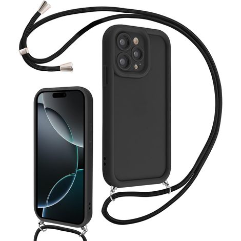 Coque pour iPhone 16 Pro Max 6,9" avec Cordon de Collier Réglable, Etui Protection de la Caméra Silicone Souple TPU Antichoc Housse avec Corde Lanyard Cover pour Femmes Filles, Noir (1/5)