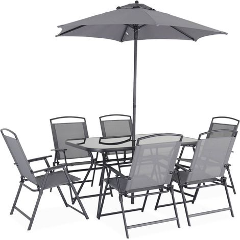 Table de jardin avec 6 fauteuils pliants gris et un parasol 2m. anthracite. structure acier avec revêtement anti rouille