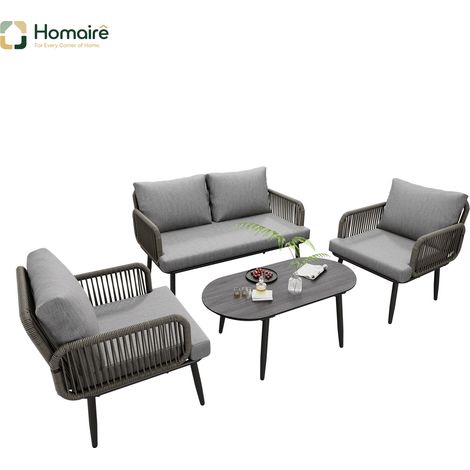 HOMAIRE Set de salon de jardin avec canapé 2 places, 2 fauteuils et table basse, coussins confortables, corde tressée à la main, plateau en verre style bois et structure en acier galvanisé, gris