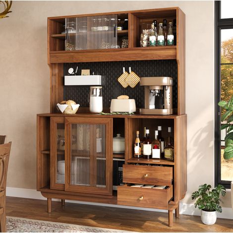 Credenza da cucina 117 x 30 x 170 cm con ante scorrevoli in vetro rigato e pannello forato OKWISH (1/5)