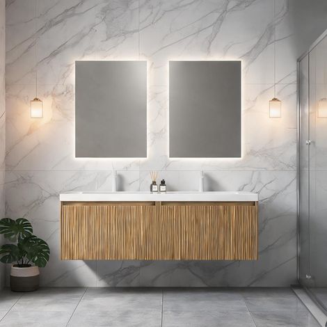 Meuble vasque mural double en résine blanche 140 cm contemporain (1/5)
