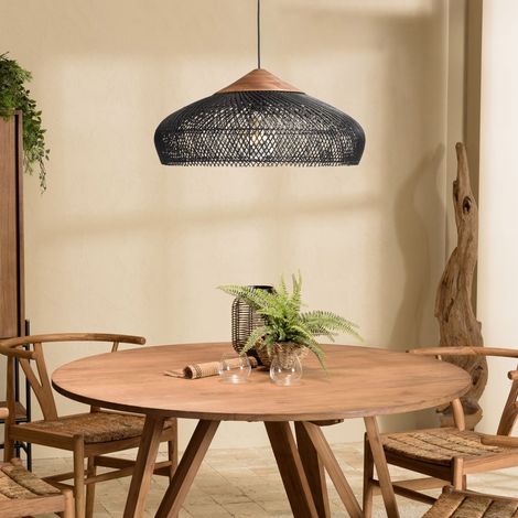SIXTINE - Suspension 65x65cm en bois de teck recyclé et rotin noire (1/5)