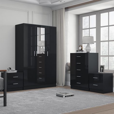 Reflect 3 Door Mirror Wardrobe, 5 Drawer Chest, 2x 2 Drawer Bedsides - Black Gloss & Black Oak - Modern Bedroom Furniture Set