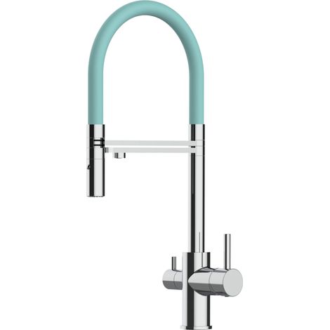 Rubinetto 3 vie miscelatore cucina cromato con canale separato per acqua filtrata, canna turchese movibile e doccia due getti staccabile (1/5)