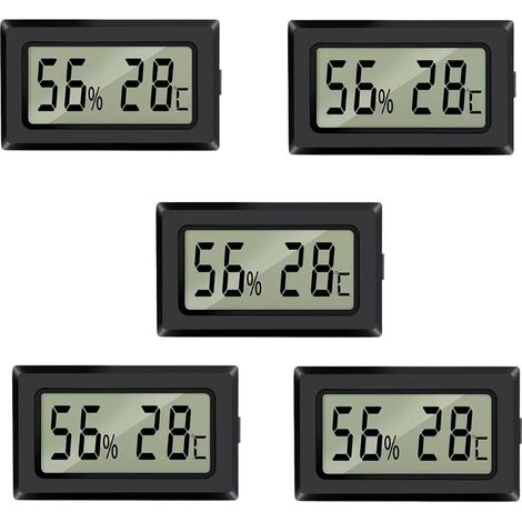 Lot de 5 mini thermomètres et hygromètres numériques électroniques avec affichage LCD en degrés Fahrenheit, idéaux pour serres, jardins, voitures, caves et bureaux, noir (1/5)