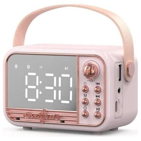 Enceinte Bluetooth rétro rose, portable, avec réveil, volume élevé, compatible avec carte TF, clé USB et entrée AUX, idéale pour la cuisine, la chambre, la maison et les activités de plein air.