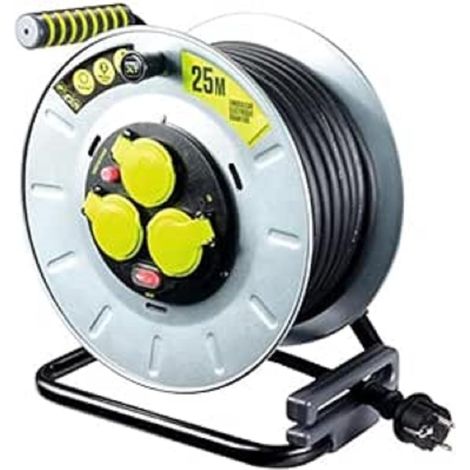 Rallonge Prolongateur électrique 25m Metal, Enrouleur pour Chantier, Jardin IP44, 3 Prises 16 A, Câble Noir 3G2,5 mm² OTLF2516RR3IPSL-PX