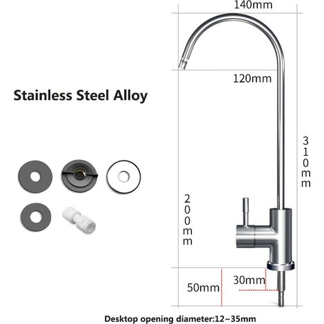 Robinet de cuisine en alliage inoxydable avec tuyau de raccordement 1/4 pouce, filtres à osmose inverse et pièces pour purificateur d'eau. Robinet d'eau potable directe. (1/5)