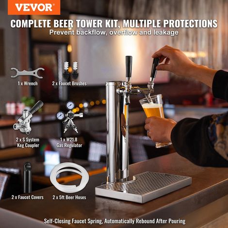 Kit Colonne à Bière à 2 Robinets, Distributeur de Bière Boisson en Acier Inoxydable, Tireuse à Bière avec Régulateur à Double Jauge… (1/5)