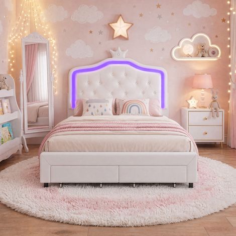 Letto da principessa 140x200, letto per bambini 140x200cm con 2 cassetti, struttura del letto con luci LED, letto da principessa a forma di corona, similpelle, bianco (1/5)