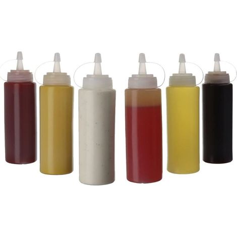 (Lot de 6) Bouteilles à presser en plastique de 250 ml avec couvercles - Bouteilles doseuses parfaites et distributeur de sauce pour ketchup, mayo, sauce barbecue - Bouteilles transparentes pour la cu (1/5)