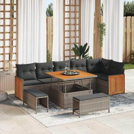 Ensemble Salon de Jardin 9 Pcs en Rattan Synthétique et Acier avec Coussins Gris - PANGIVO (1/5)