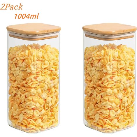 (1004 ml - 2 pièces) Bocaux carrés en verre hermétiques, rangement et organisation de la cuisine, bocaux de conservation avec couvercles en bambou (1/3)