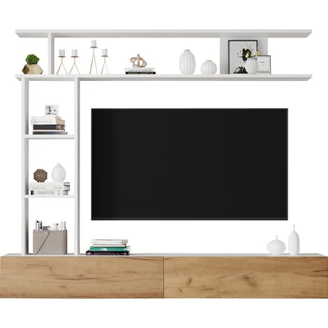 Ensemble meuble TV mural 180 x 35 x 22,5 cm avec vitrines, incluant meuble TV, étagère sur pied et étagère murale, set salon posé et suspendu, adapté aux téléviseurs jusqu’à 80 pouces, blanc et bois