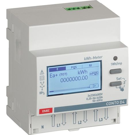 Contatore di energia attiva/reattiva trifase 4 fili TA 5/63A con display per guida DIN CONTO D4-Pt IME CE4TB0PCL1