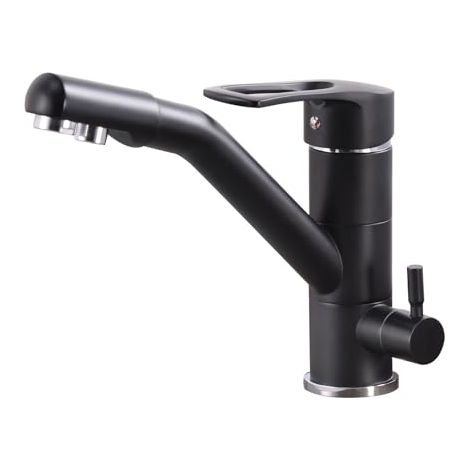 Grifo de cocina de 3 vías, grifo de cocina giratorio de 360°, grifo de fregadero con caño flexible, G3/8 pulgadas (grifo de triple conexión con filtro de agua, negro)
