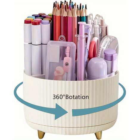 Porte-crayons de bureau (couleur crème), 5 emplacements, support de rangement rotatif à 360° (1/5)