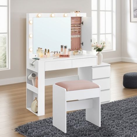 Coiffeuse avec Miroir LED et 5 Tiroirs, avec Multiprise, Moderne, Blanc (1/5)