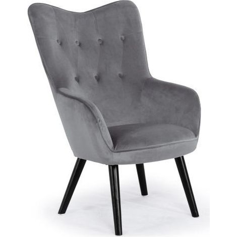 Cotecosy – Fauteuil club scandinave Klarys velours gris – Haut dossier capitonné – Assise moelleuse – Pieds en bois noir – Dimensions L64 x P75 x H99 cm