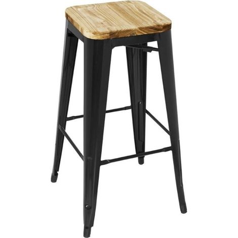 Lot de 4 tabourets hauts empilables de bistro assise (H)760 mm, en acier galvanisé noir et bois de frêne