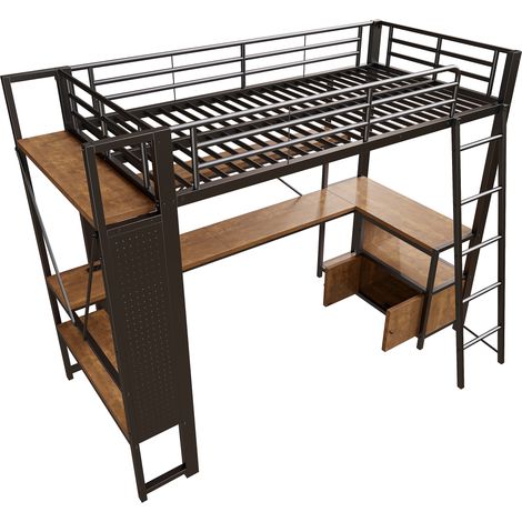 Lit mezzanine 90x200 cm, structure métallique, bandeau LED, bureau, rangement, étagères, panneau perforé, USB, noir, matelas non inclus (1/5)