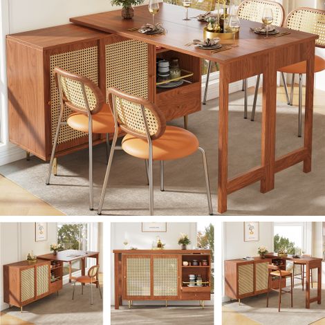 Table haute modulable 360° pivotante extensible 107→187×40×76cm marron MDF porte rotin rangements multiples pieds métal doré charge 60kg îlot cuisine buffet salle à manger (1/5)