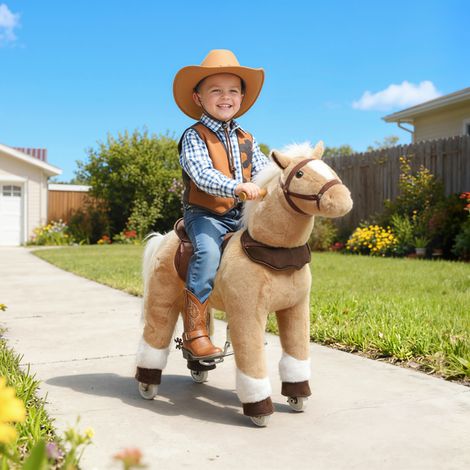 Caballo balancín con ruedas, silla de montar y arnés para niños de 3 a 5 años, 72 x 32 x 80 cm, marrón. (1/5)