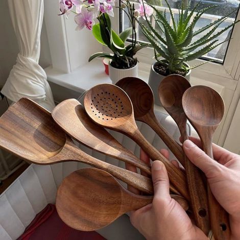 Ustensiles De Cuisine En Bois Acacia - Ensemble 7 Pièces Spatule Cuillère À Riz Louche Passoire - Pour Cuisinières Et Cuisiniers - 7 Pièces (1/5)