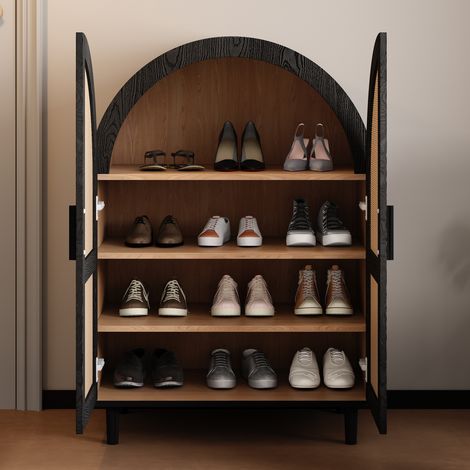 Zapatero con capacidad para 12-15 pares, mueble de entrada con 2 puertas y 4 estantes, MDF, natural + negro (1/5)