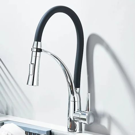 Robinet de cuisine avec flexible extractible en caoutchouc - Douchette extractible, robinet eau chaude/eau froide à poignée unique - Chrome S2