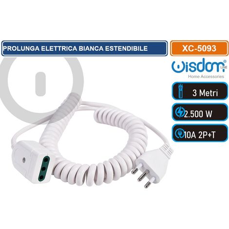 PROLUNGA ELETTRICA ESTENDIBILE BIANCA 3 METRI CON SPINA BIPASSO 10A 2P+T - DESIGN COMPATTO E FLESSIBILE IDEALE PER USO IN CASA UFFICIO O POSTAZIONI DI LAVORO (1/4)