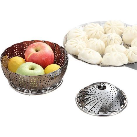 Cesta vaporera acero inoxidable, Diámetro 24 cm, Cesta vaporera plegable/ajustable, Bol frutas e inserto vaporero, vaporero plegable alimentos (1/2)