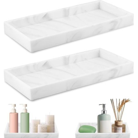 Lot de 2 plateaux rectangulaires blancs - Savon, serviettes, parfums, bougies, plantes, bijoux (1/5)