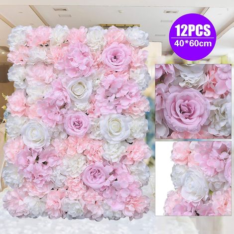 Set von 12 künstlichen Blumenwandtafeln, weiße und rosa künstliche Rosen, Blumenhintergrund für die Wanddekoration von Blumen, Partys, Hochzeiten (40 x 60 cm)