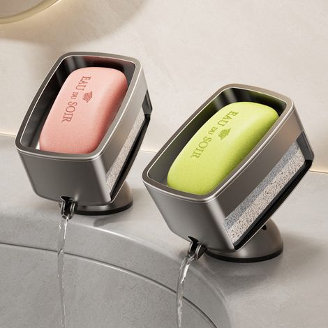 Deux porte-savons à ventouse avec une inclinaison de 28° et un porte-savon amovible, adaptés aux salles de bains ou aux cuisines. (1/5)