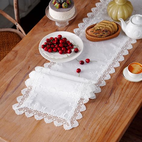 Nappe Blanche Lavable élégante pour Jardin en Tissu rectangulaire Nappe Jacquard Dentelle Linge de Table Classique Ornements pour Salle à Manger (Blanc, 36 x 90 CM) (1/5)