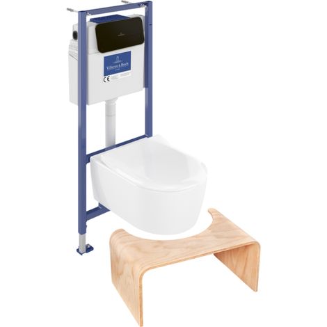 Pack inodoro suspendido sin reborde VILLEROY ET BOCH Avento + estructura de soporte ViConnect Pro + asiento con cierre suave + placa negra mate + taburete de madera (1/5)
