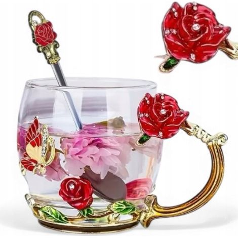 Elegante taza para té o café con cuchara, taza de cristal con diseño de rosa roja. (1/5)